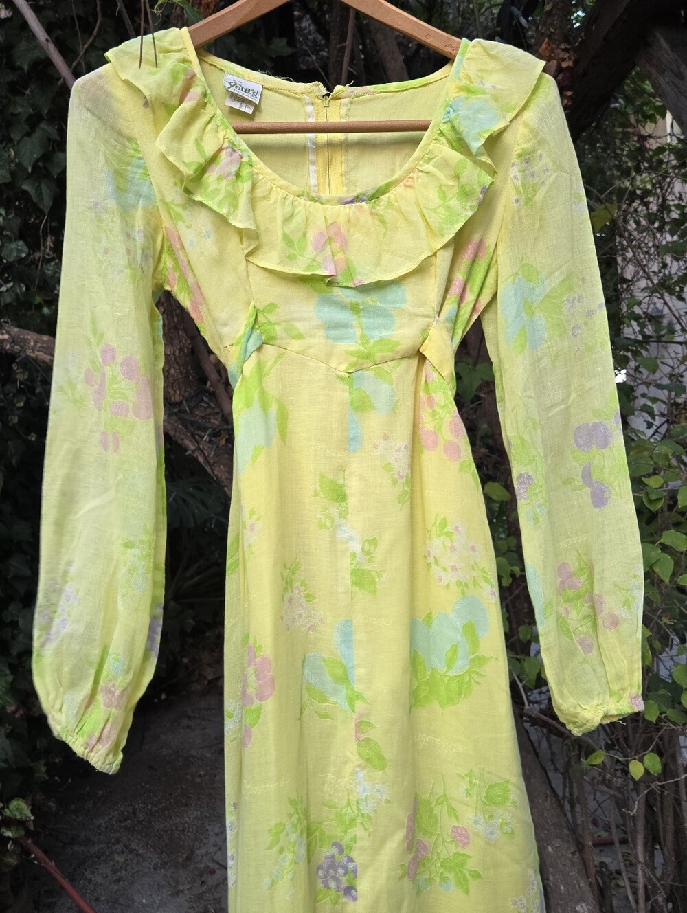 Vintage 70s Yellow Floral Ruffle Maxi Dress